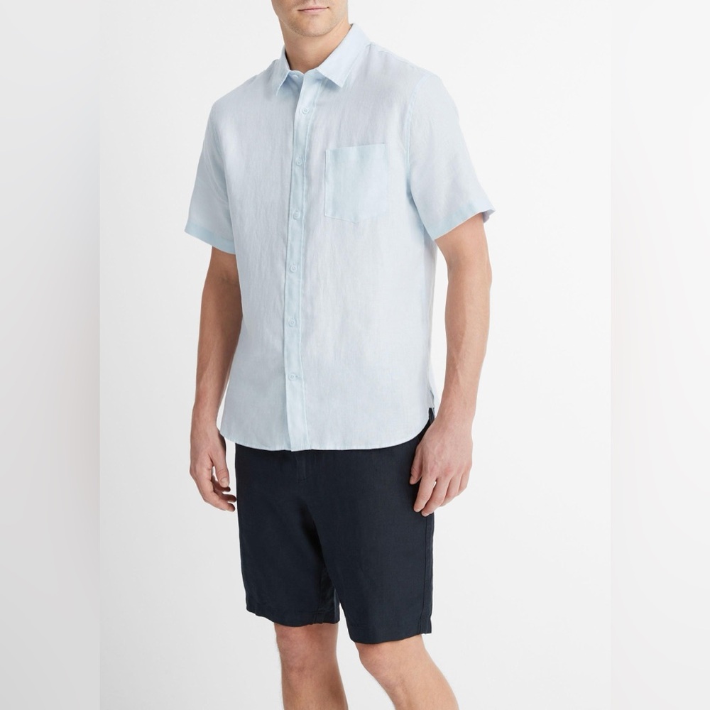 VINCE Men’s Linen Short-Sleeve Button Up Shirt Glacier Blue Large